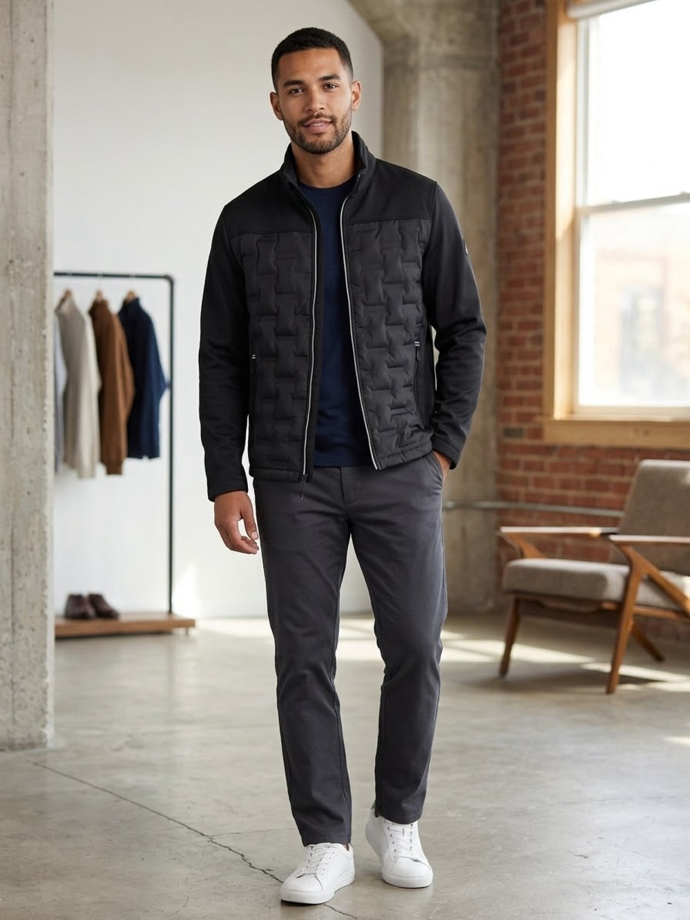 Nautica Men's Black Quilted Hybrid Puffer Jacket